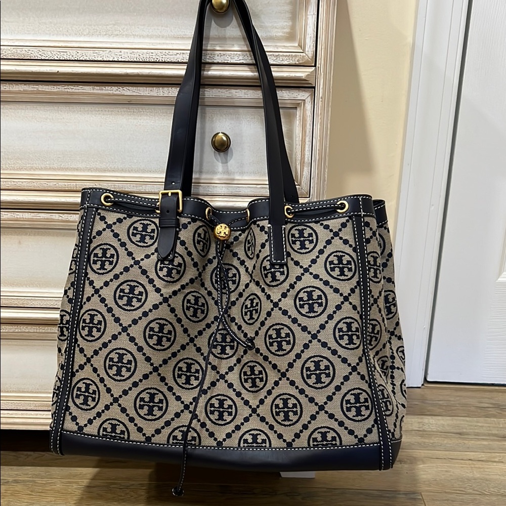 Tory Burch Black and Tan Tote with Gold Accents